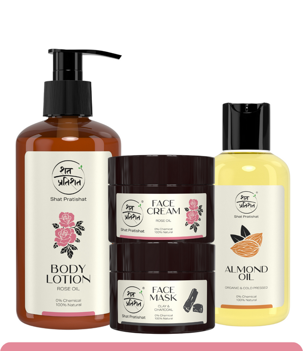 ShatPratishat combo pack of rose body lotion, rose face cream, charcoal face mask and almond oil 