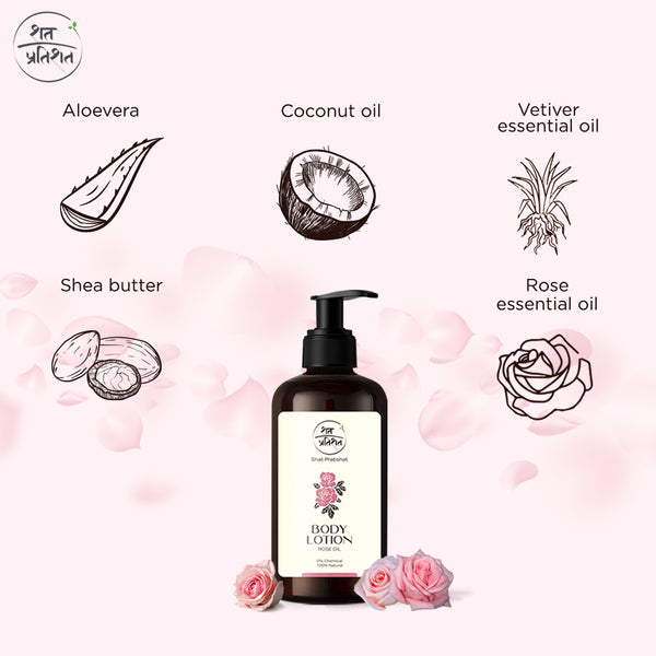 ShatPratishat 100% Natural Chemical free Body Lotion. Natural Body Lotion. Organic Body Lotion. No Paraben No toxic chemicals. Shat Pratishat. Body lotion with Rose and vetiver essential oil.