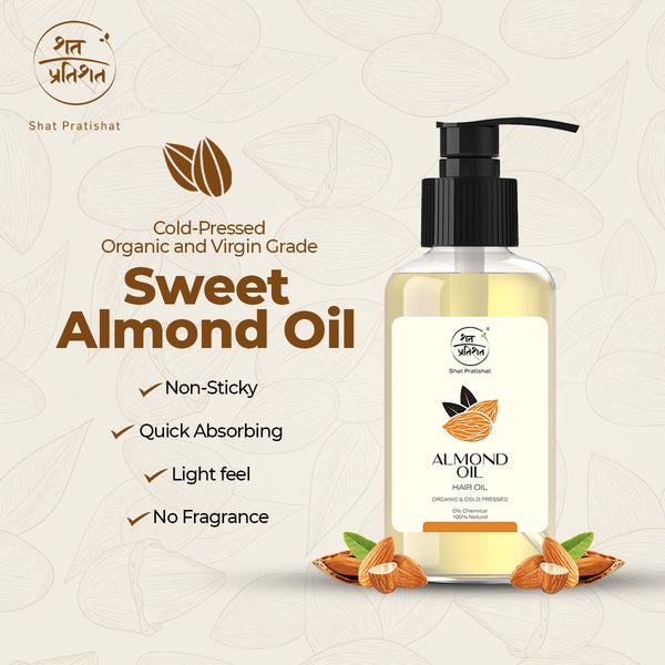 ShatPratishat Almond oil. Made from premium Sweet almonds. Cold pressed , Organic and chemical free. Mineral oil free. Silicone free oil.