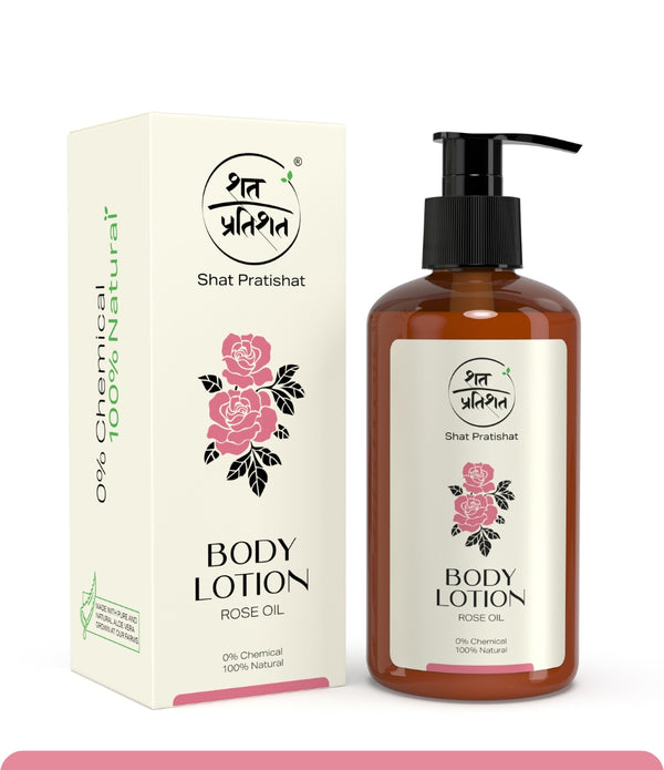 ShatPratishat 100% Natural Chemical free Body Lotion. Natural Body Lotion. Organic Body Lotion. No Paraben No toxic chemicals. Shat Pratishat. Body lotion with Rose and vetiver essential oil.